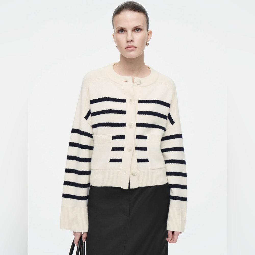 NWOT COS Wool Crew-Neck Cardigan in Cream Striped, size XSmall